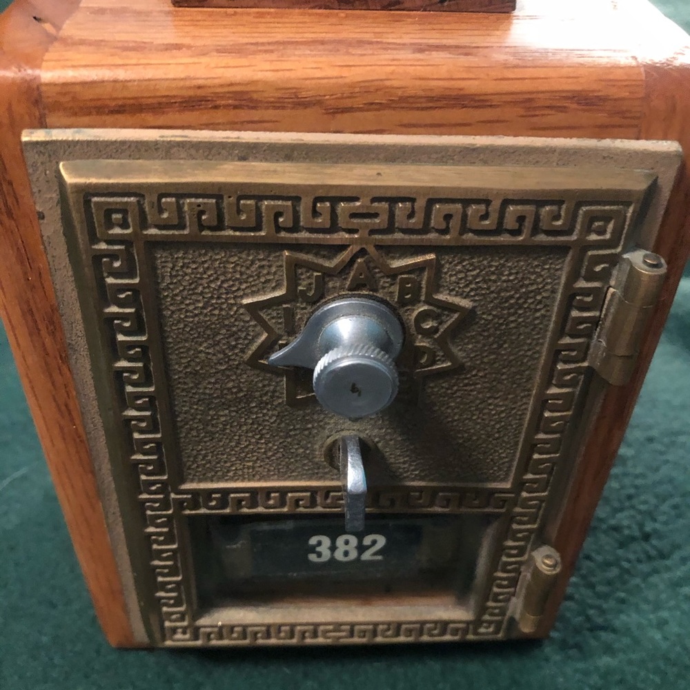 Handcrafted Red Oak Postal Bank . Made from rough cut lumber .